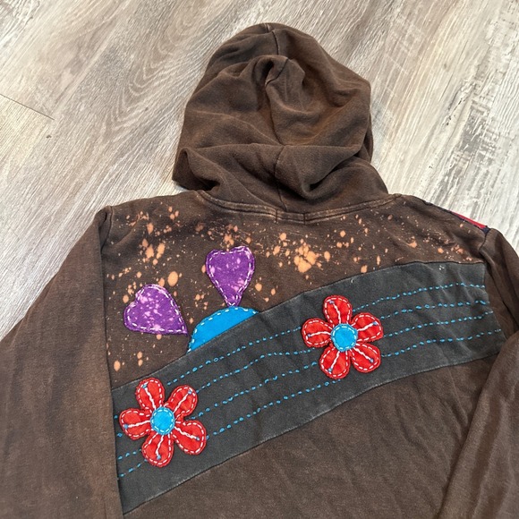 Rising International Patchwork Longline Hoodie Jacket Women M Brown Boho Artsy - Picture 7 of 9